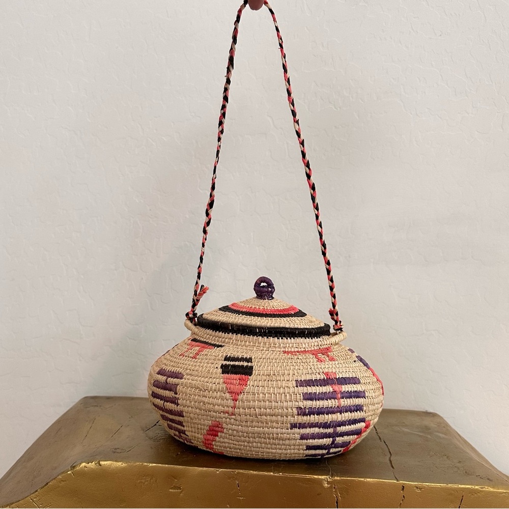Ethnic Handwoven lidded basket-Handcrafted Woven hanging Basket - Multicolor